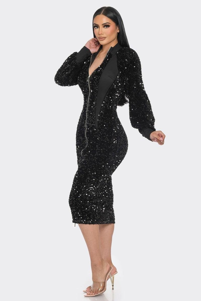 Midi Two Way Zip Up Sequin Dress-Black