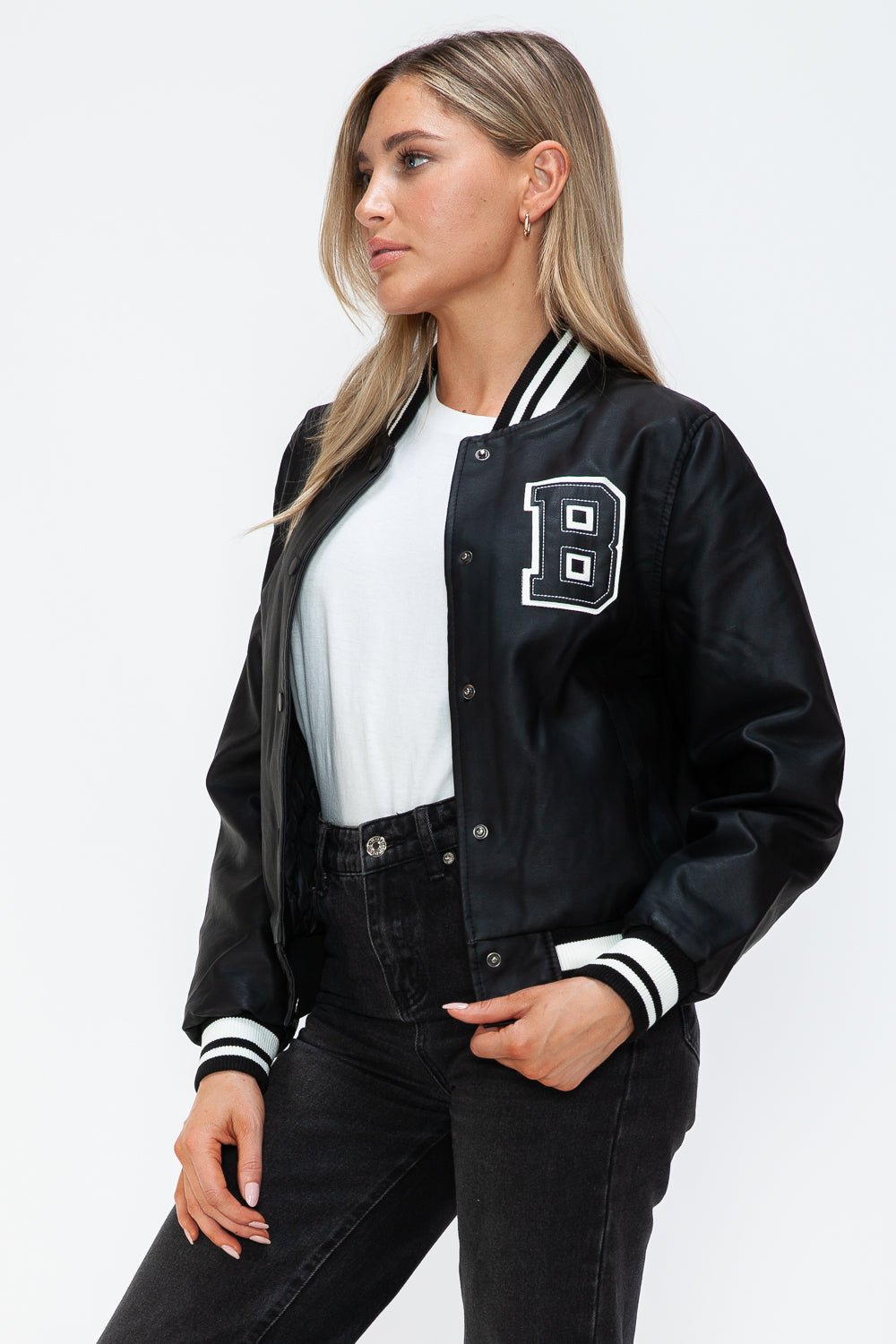 Midnight Black PU Leather Bomber Jacket with Snap Down Design, Featuring Contrast Details and Embroidered Letter B