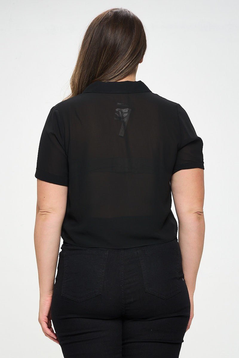Plus Size Chiffon Tie Front Black Short Sleeve Top