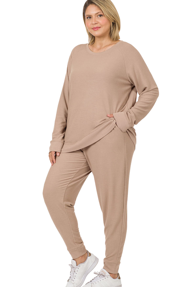 Plus size ash mocha soft French terry top and jogger pants set, cozy and stylish outfit for comfort and ease.