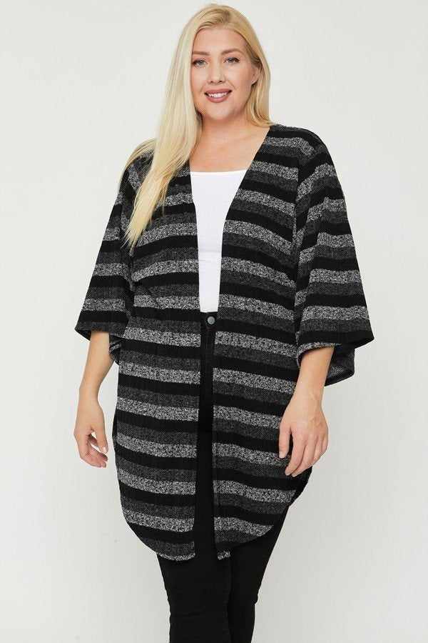 Plus Size Multi-color Striped Black Cardigan