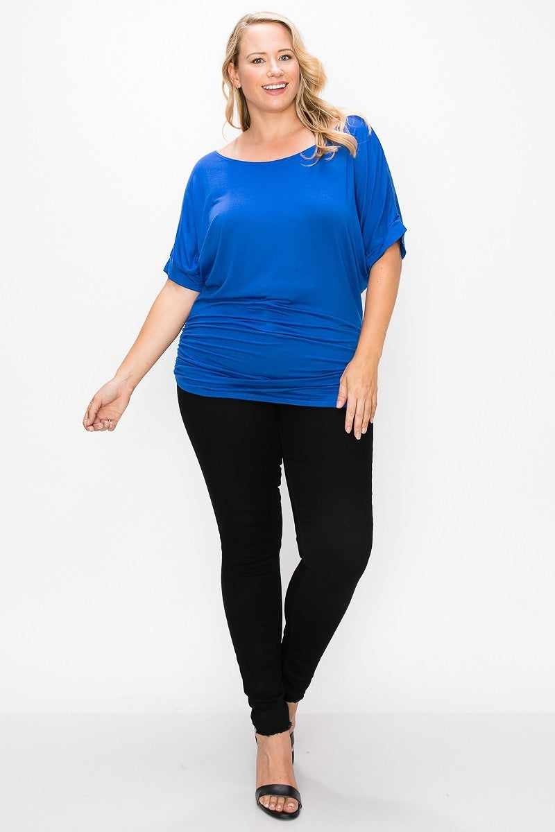 Short Sleeve Top Featuring A Round Neck And Ruched Sides-Royal Blue