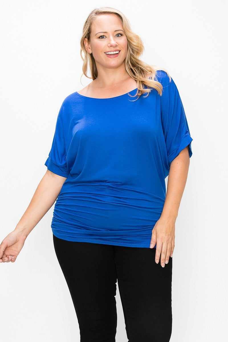 Short Sleeve Top Featuring A Round Neck And Ruched Sides-Royal Blue