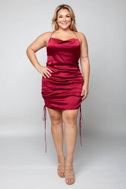 Plus Size Satin Dress | Sleeveless Ruched Drawstring Mini