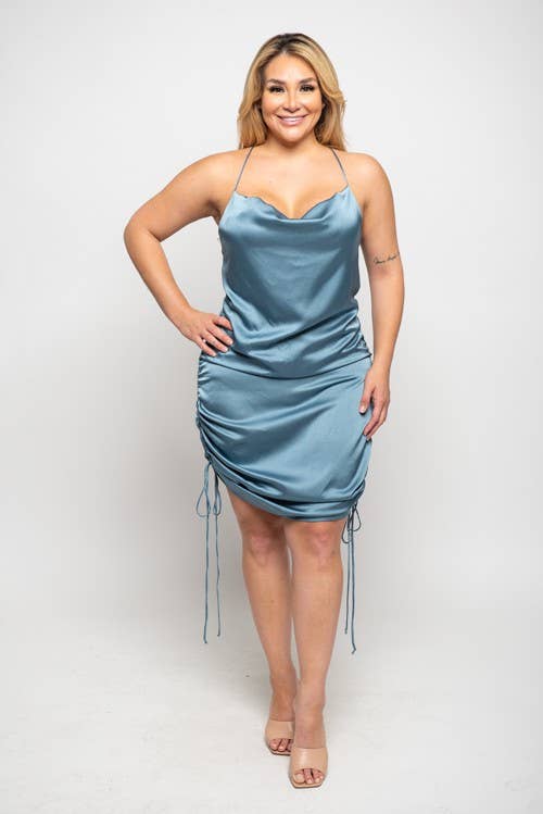 Plus Size Satin Dress | Sleeveless Ruched Drawstring Mini