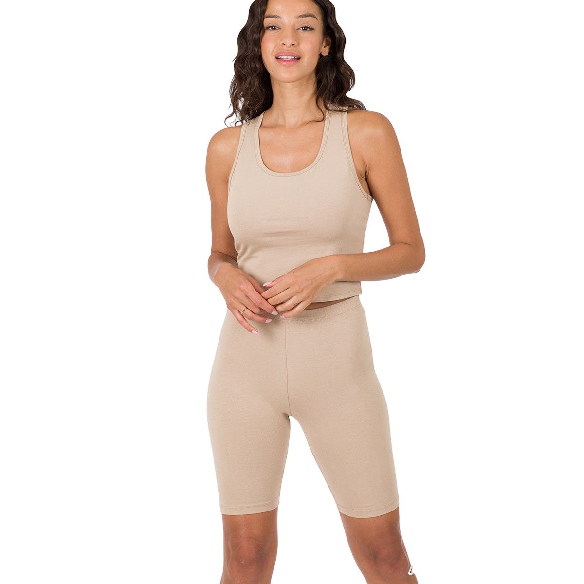 Woman wearing ash mocha racerback tank top biker shorts set made of 95% cotton and 5% spandex.
