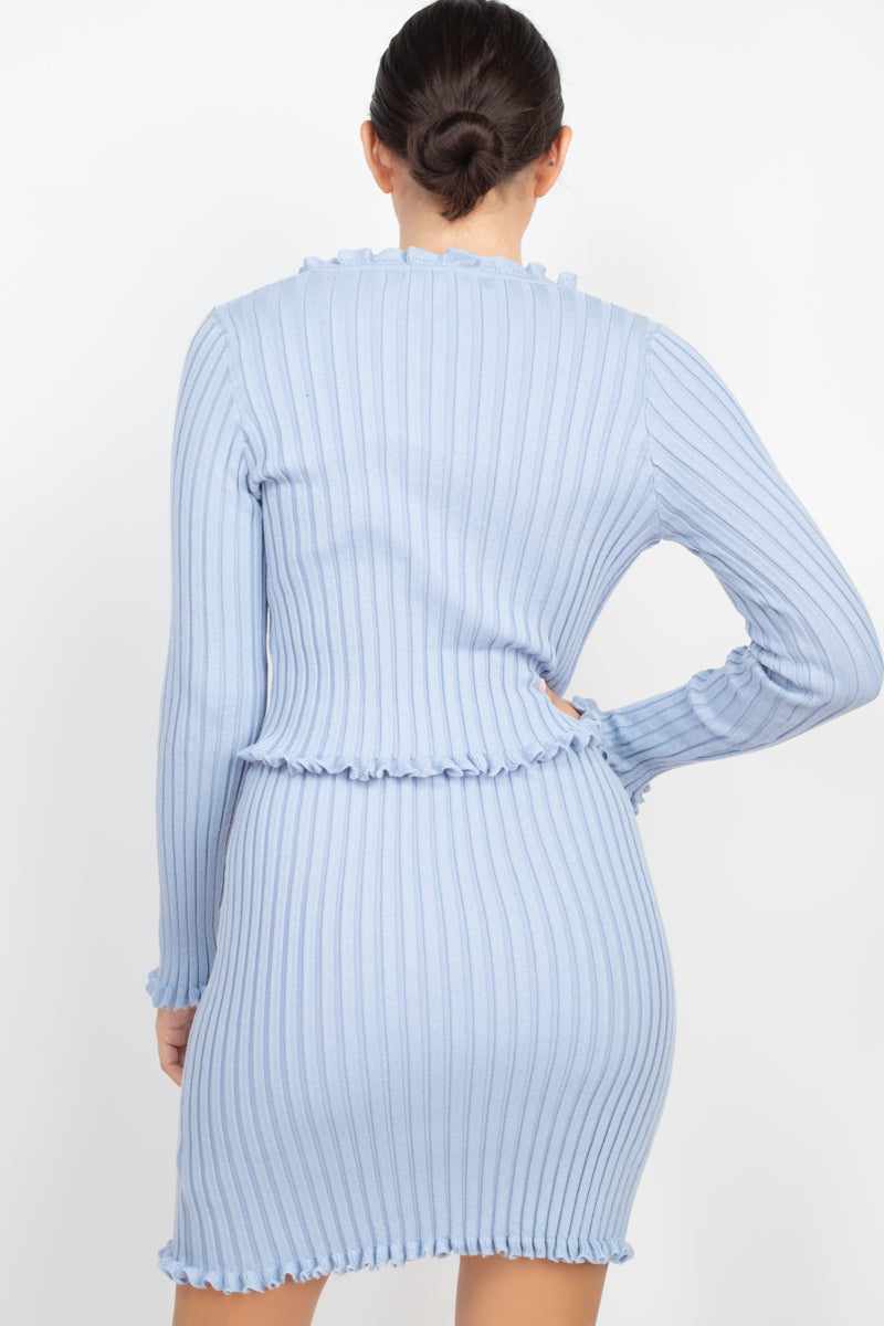 Ruffle Trim Buttoned Sweater Cardigan-Dusty Blue