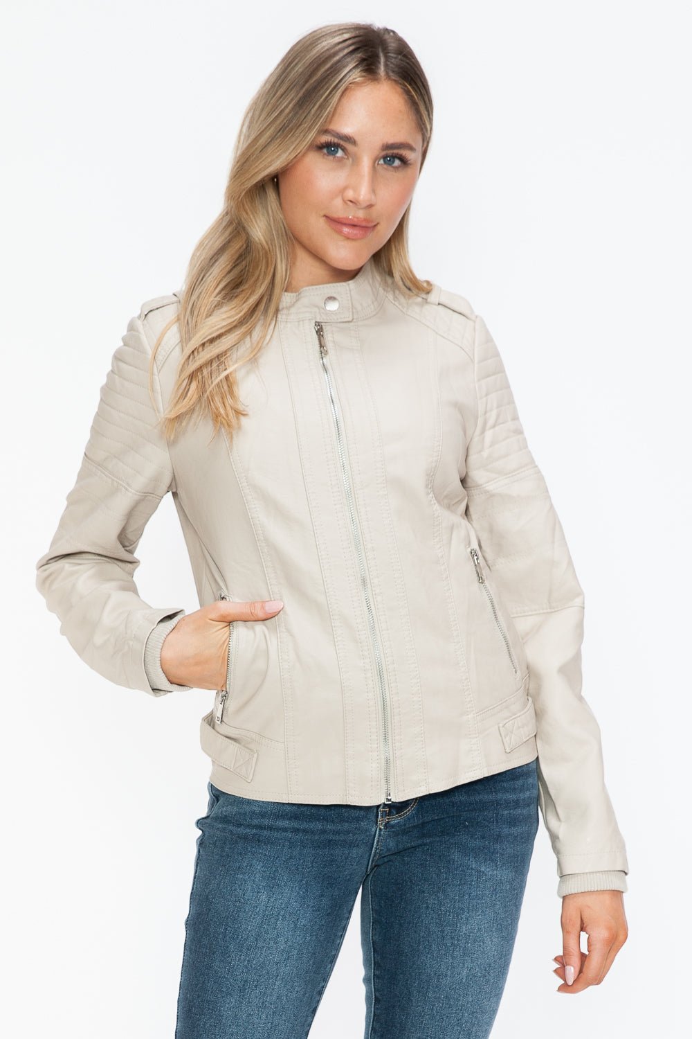 Sand PU leather biker jacket with side zip pockets, basic style, pocketed, featuring woman wearing casual outfit.