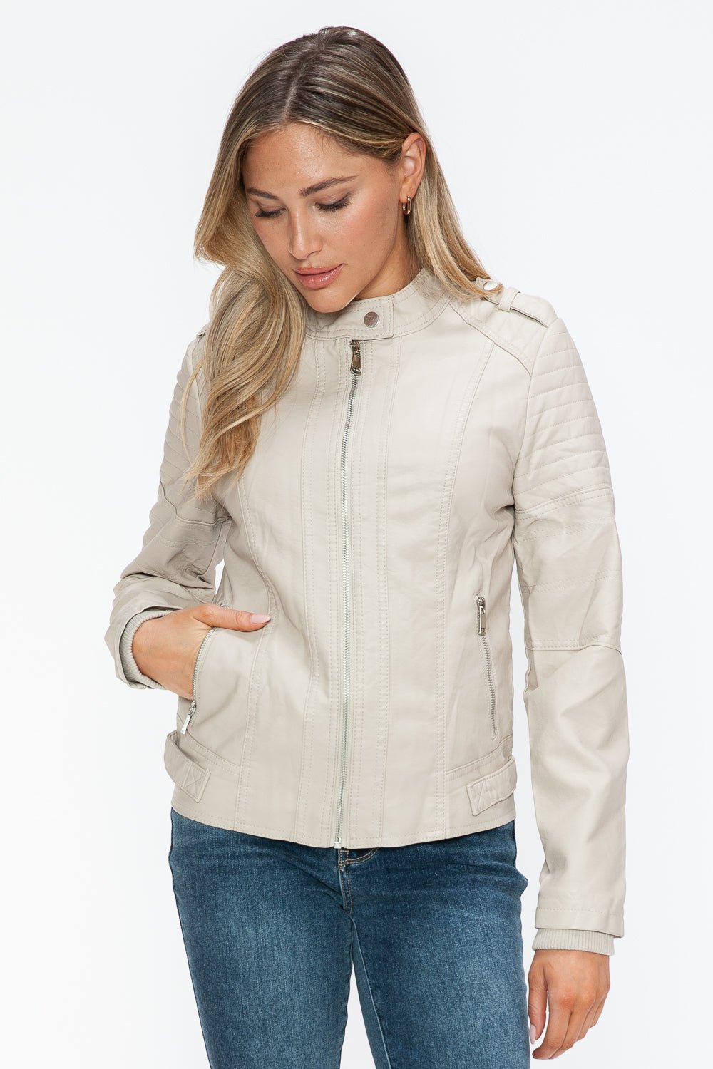 Sand PU leather biker jacket with side zip pockets, featuring a basic style and normal thickness, worn by a model with jeans.