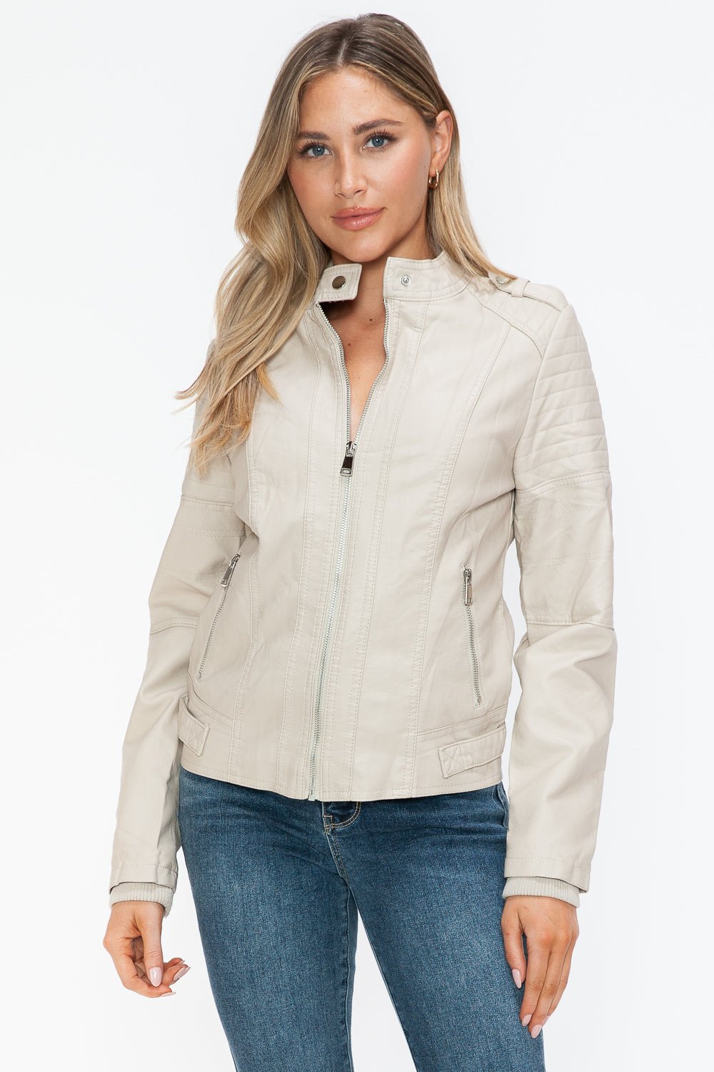 Sand PU leather biker jacket with side zip pockets, featuring a basic style and normal thickness, made from 100% pleather.