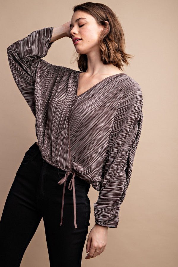 Satin Mocha Pleated Drawstring Top With Snap Button