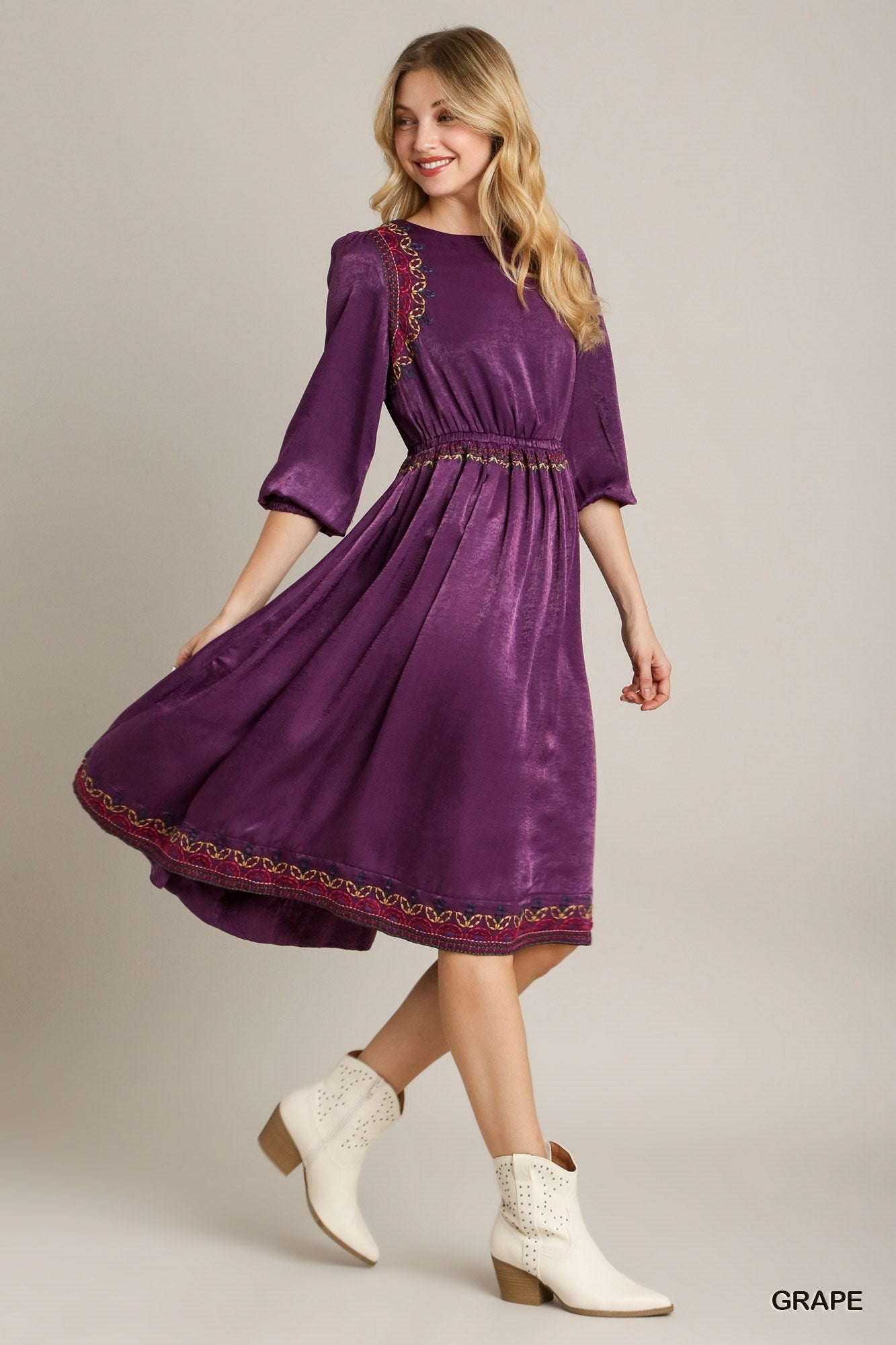 Satin Purple Round Neck Embroidery Midi Dress