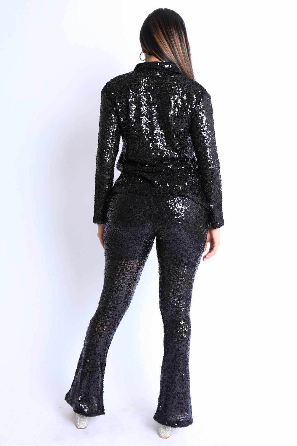 Sequin Button Down Shirt And Pant Set-Black