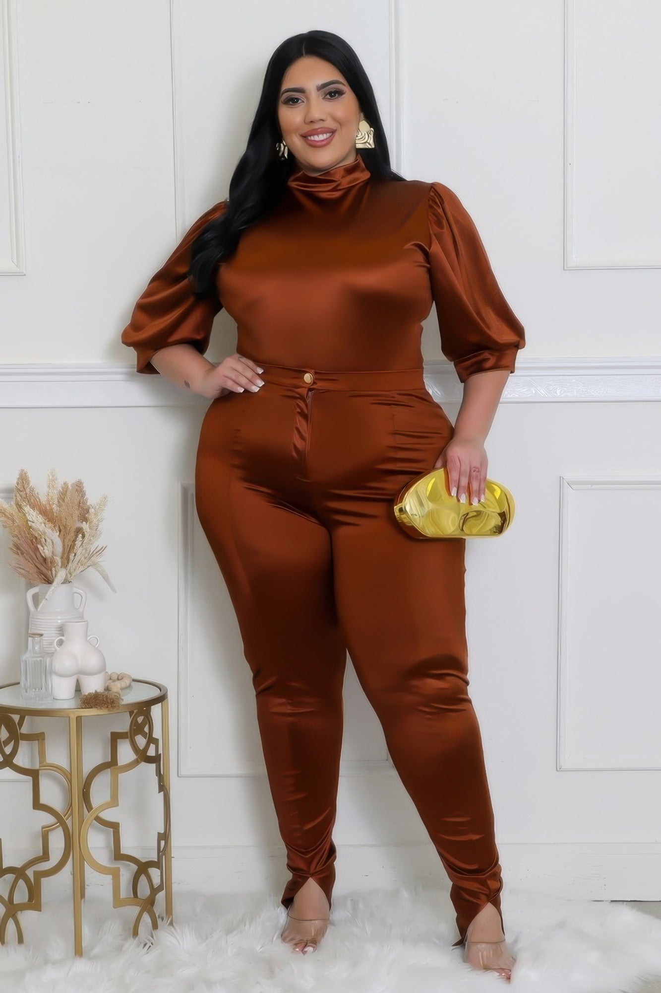 Mocha two-piece bodysuit set with high-waisted pants, round neckline, and satin finish, perfect for curvy fashion in 1XL to 3XL.