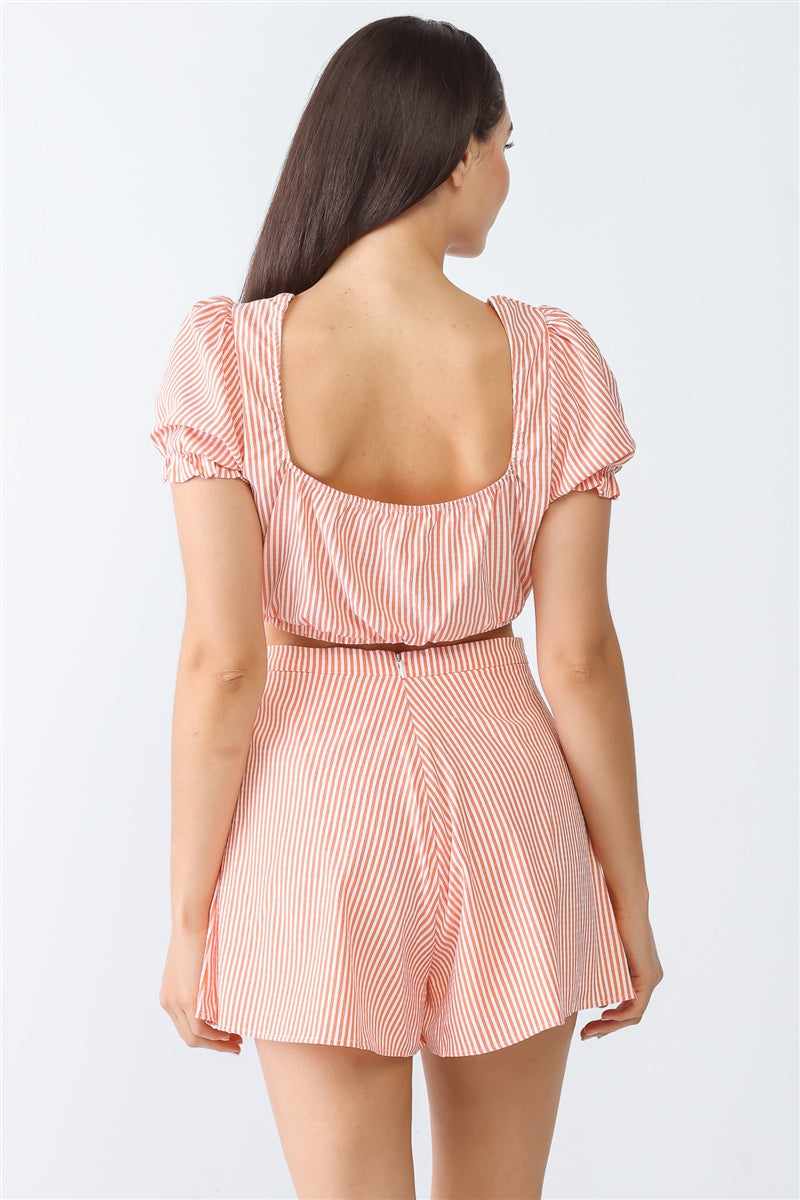 Short Sleeve Crop Top & High Waist Shorts Set-Multi White Orange