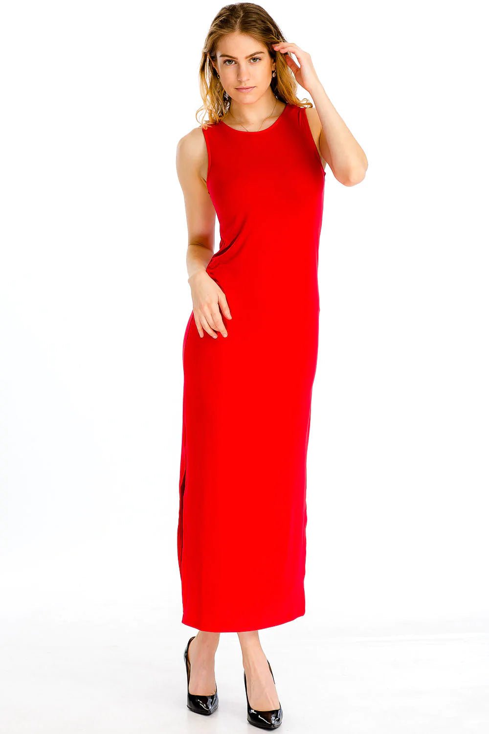 Red side slit tank maxi dress with round neckline and sleeveless design, form-fitting silhouette, worn by model.