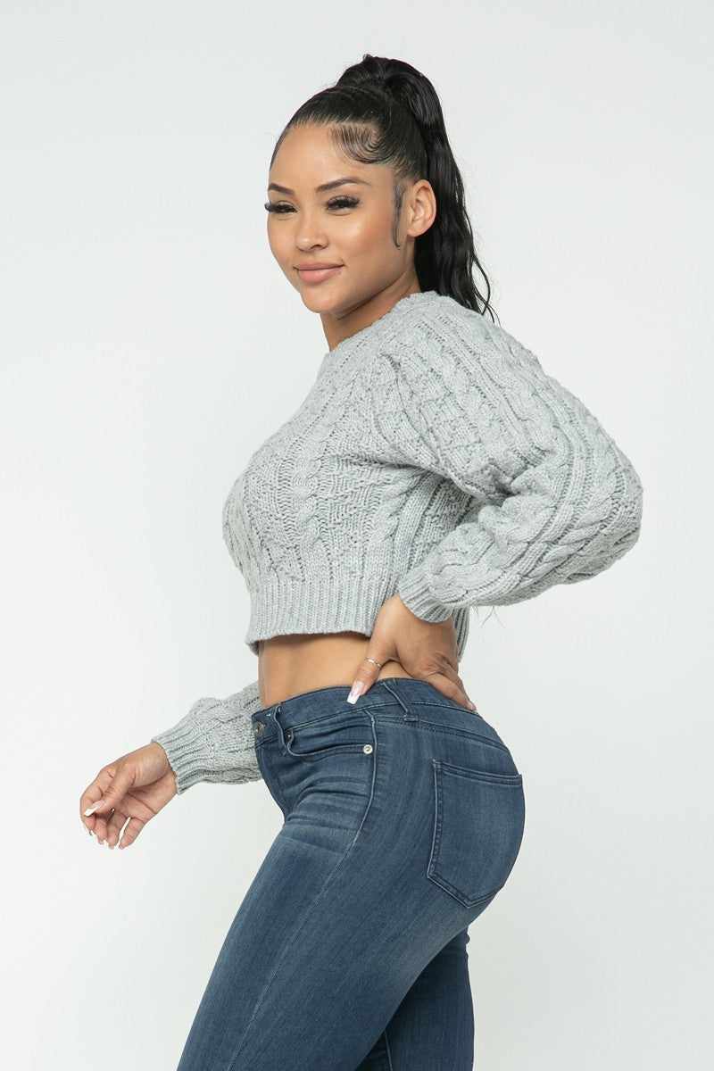 Solid Cable Pullover Top-Heather Grey