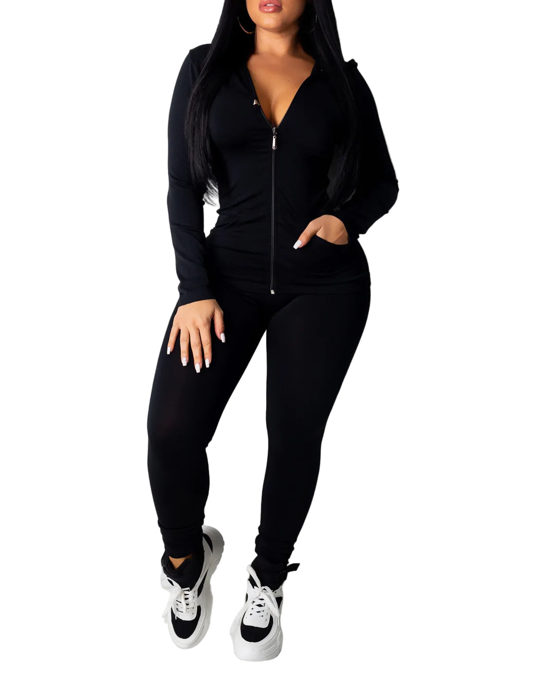 Solid black hoodie leggings set made with 92% polyester and 8% spandex, featuring a zip-up hoodie and comfortable leggings.