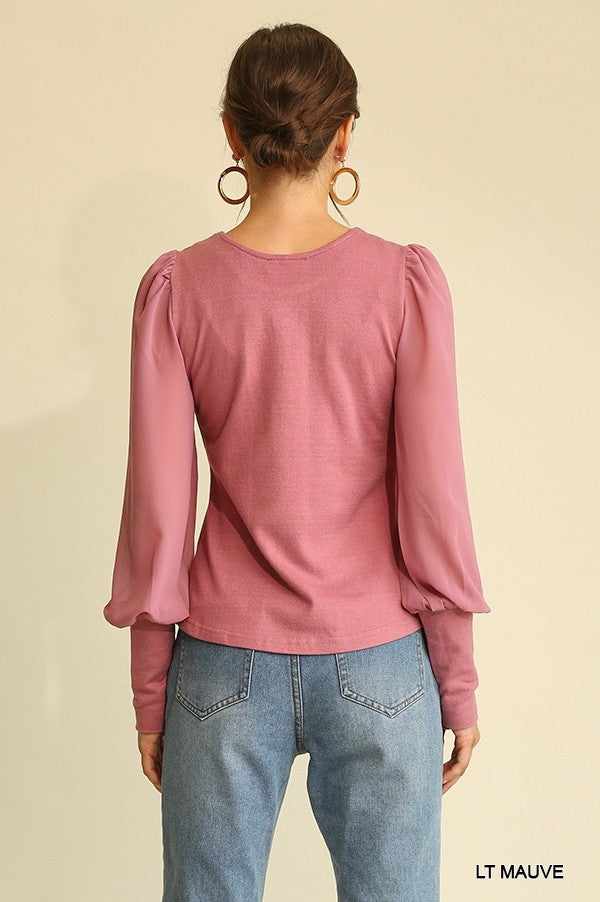Solid Knit And Chiffon Mixed Top With Puff Long Sleeve-Mauve
