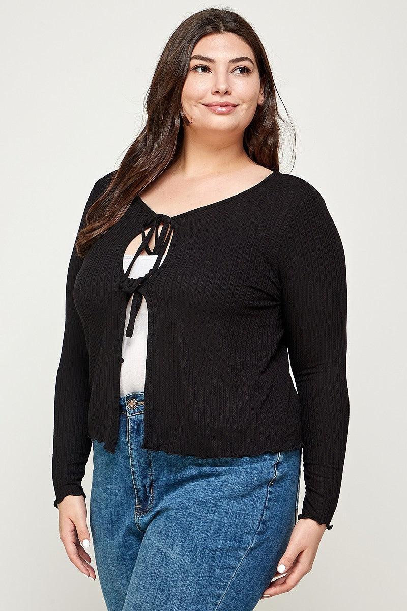 Solid Ribbed Pointelle Cardigan-Black