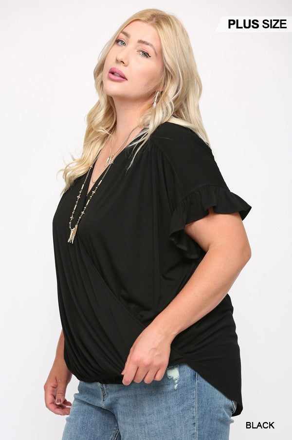 Solid Viscose Knit Surplice Top With Ruffle Sleeve-Black