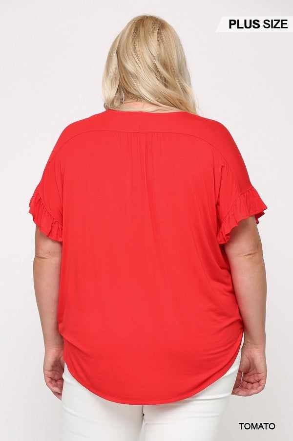 Solid Viscose Knit Surplice Top With Ruffle Sleeve-Tomato