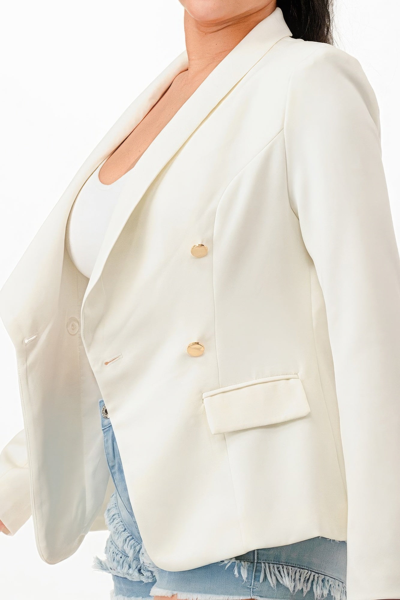 Woman wearing Spring Me Double Breasted Blazer Jacket with classic lapel collar and long sleeves