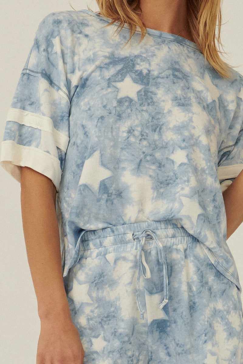 Star-pattern Tie-dye Knit Top-Blue