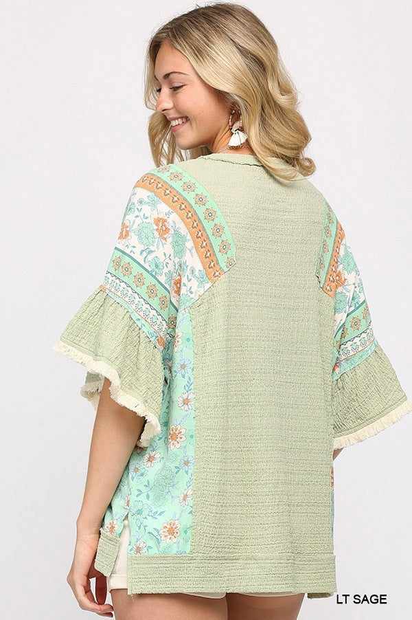 Texture Knit And Print Mixed Hi Low Hem Top-Light Sage
