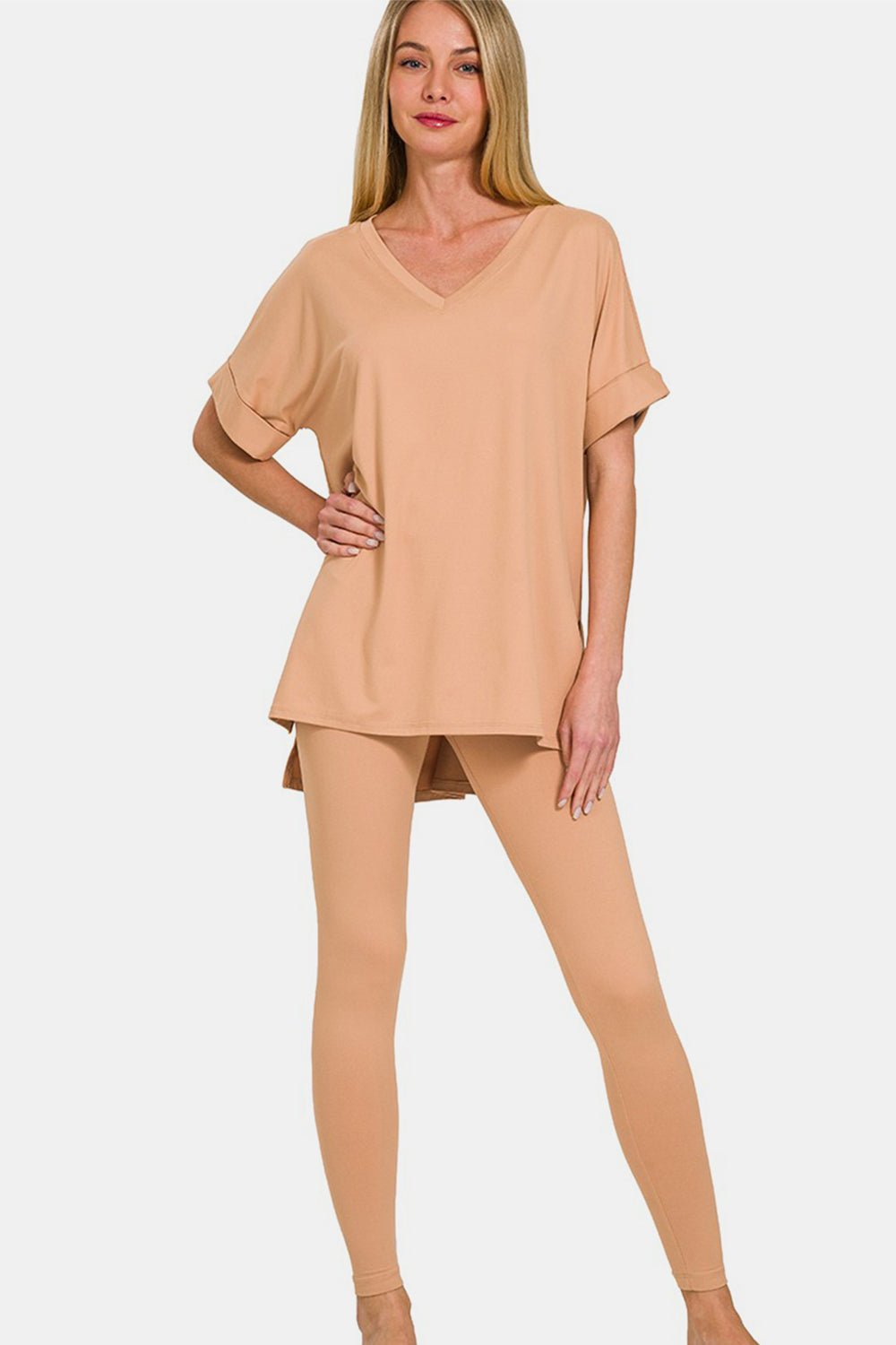 V-Neck Rolled Short Sleeve T-Shirt and Leggings Lounge Set in beige, featuring comfortable and stretchy fit for casual wear.