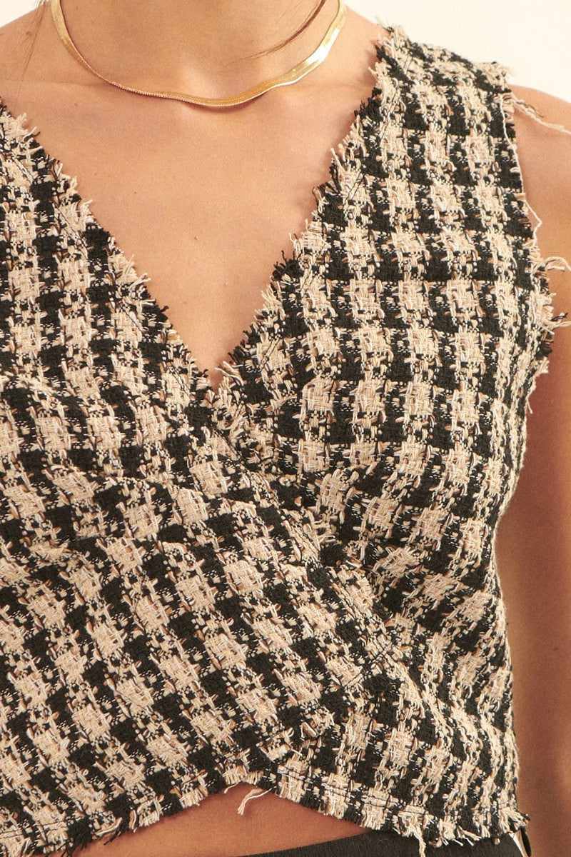 V Neckline Plaid Woven Vest-Black