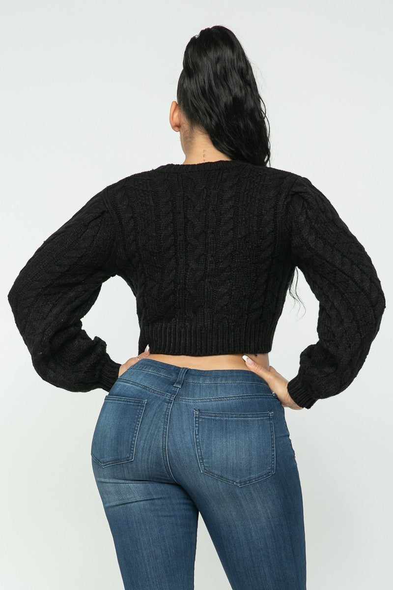 Women's Black Cable Knit Pullover Sweater-Black