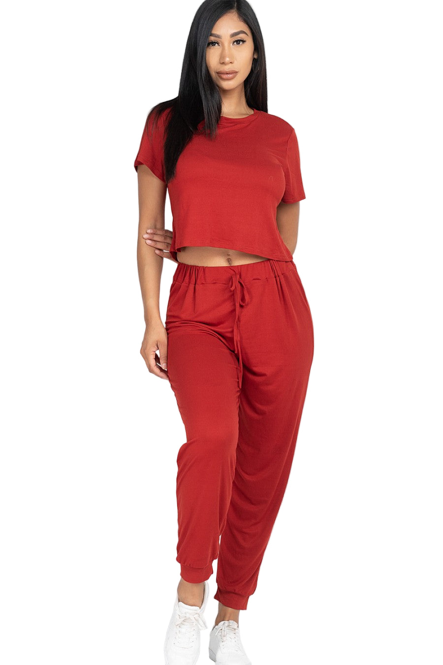 Red solid basic loose short sleeve top and pants set for women, soft stretchy jersey fabric, casual and workout wear.