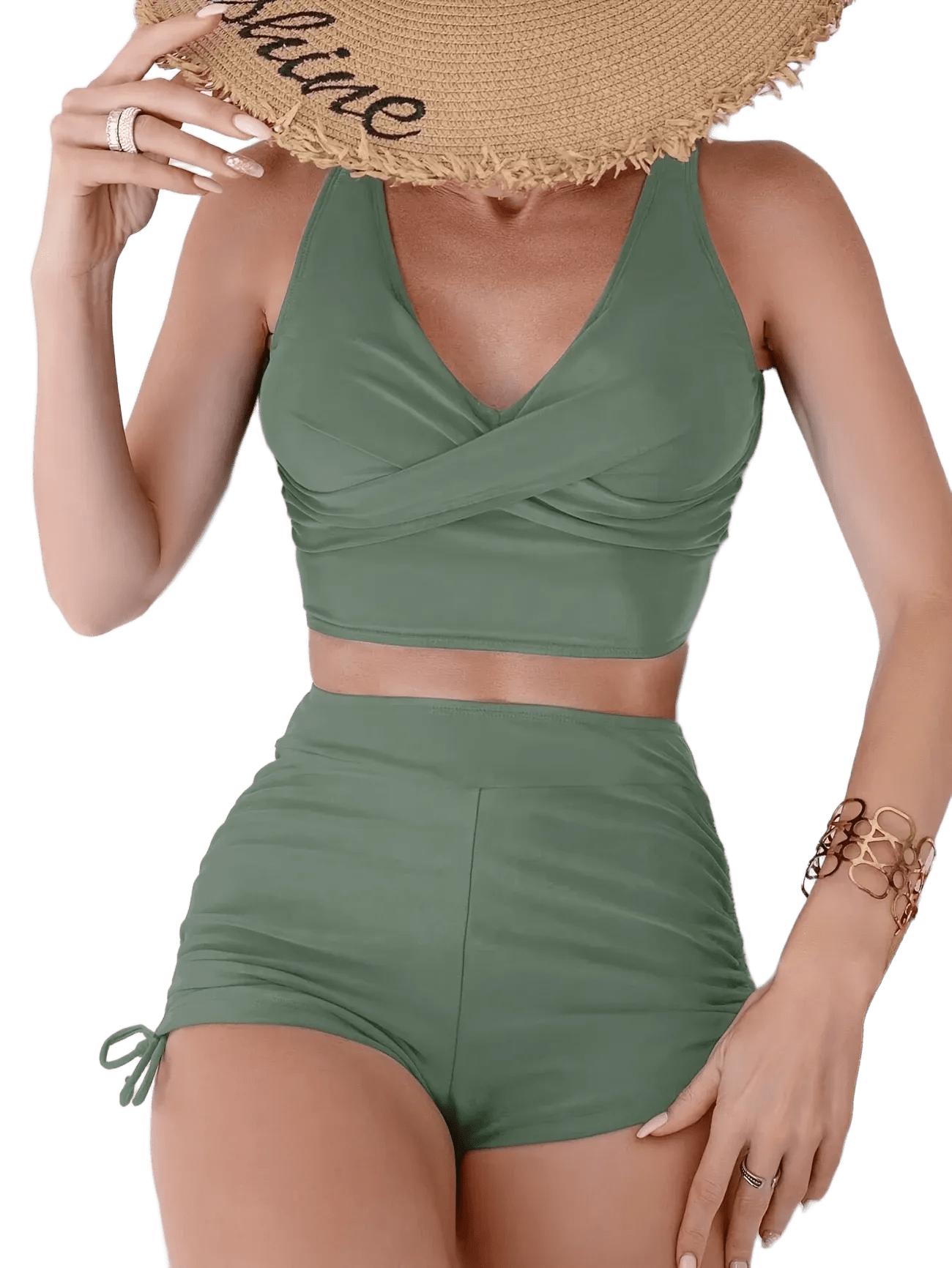 Wrap Front Two-Piece Swimsuit | High-Waisted Ruched Shorts Bathing Suit